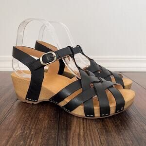 Dansko Tinley Strappy Leather Wedge Sandal Ankle Strap EU 38 US Size 7.5-8 Black